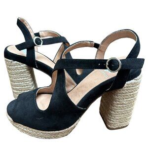 Yellow Box Amarie Black Suede‎ Espadrille Block Heel Shoe Sandal Size 6